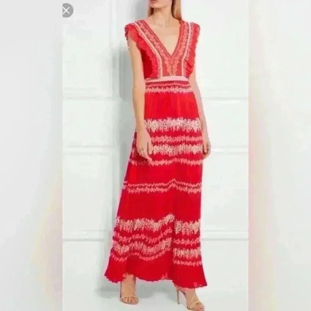 Self-Portrait Flower Spell Chiffon Ruffle Pleated Maxi dress Size UK4 US0​ - Picture 2 of 10